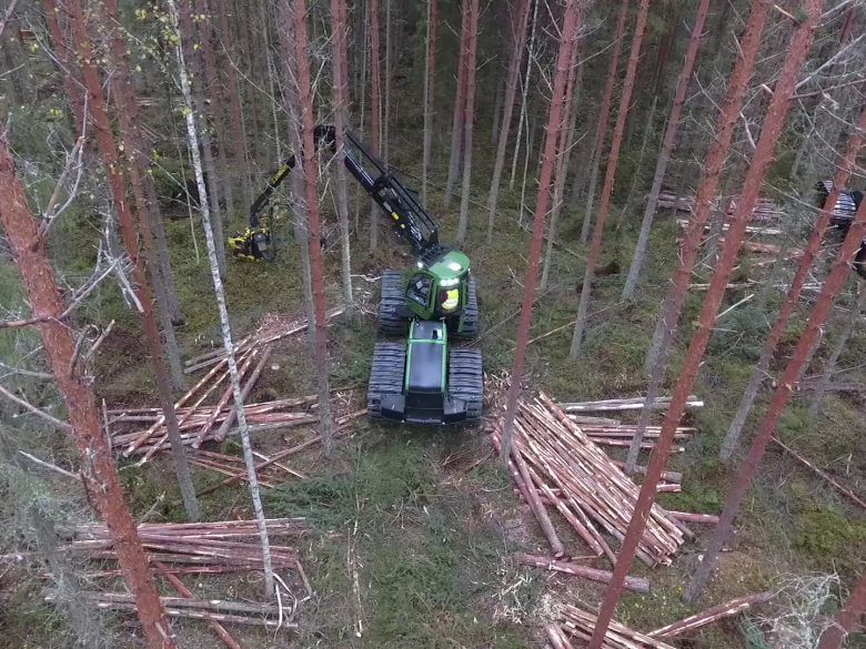 Metsäalan metsäkone, kuva ilmasta.