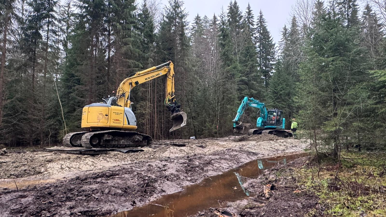 Kaksi kaivinkonetta kaivamassa patoaluetta kosteikossa.
